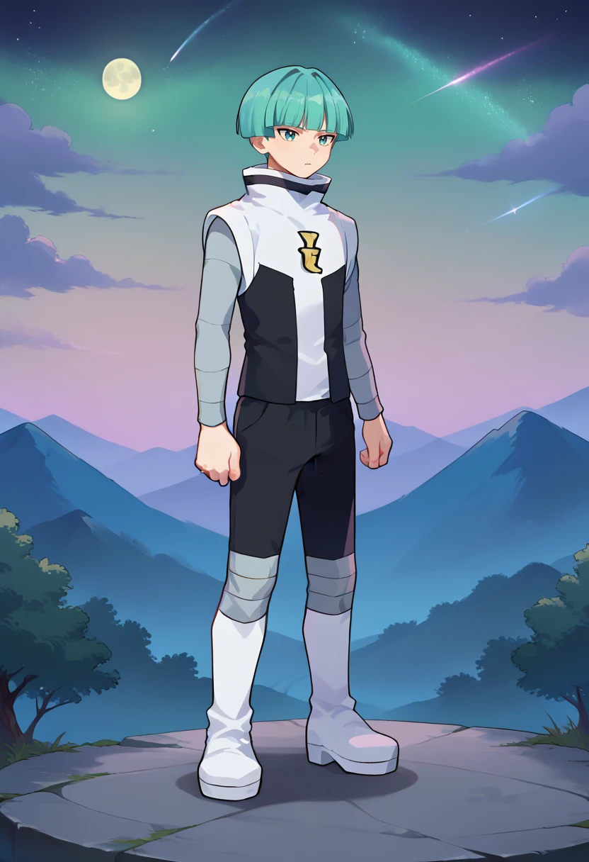 score_9, score_8_up, score_7_up, masterpiece, best quality, amazing quality, best aesthetic, ,absurdres,intricate details,galaxy grunt, green hair, green eyes, white boots, black pants, long sleeves, grey shirt, vest, 1boy<lora:EMS-373804-EMS:0.800000>, <lora:EMS-382820-EMS:1.000000>