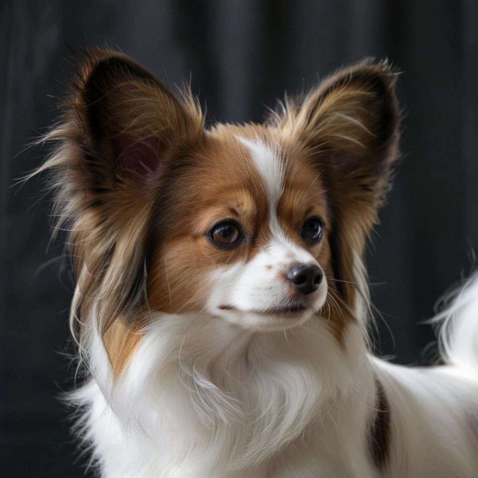 realistic upper body photograph of head (profile:1.1) of brown-white continental toy spaniel (Papillon:1.1)  dog having (long-hair ears:1.3) (head:1.1), The dog has a narrow white blaze between the eyes, the dog's forehead hangs over its muzzle
BREAK illustration, flat vector graphics, (monochrome two colors:1.2), thin sharp outline, sticker imitation, NOBLEDOGS_CTS  <lora:NOBLEDOGS_CTS-000018:0.65>