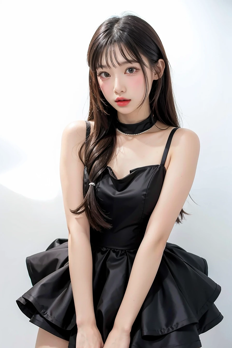 1girl, black dress, white background, <lora:uu_eung-02:1>