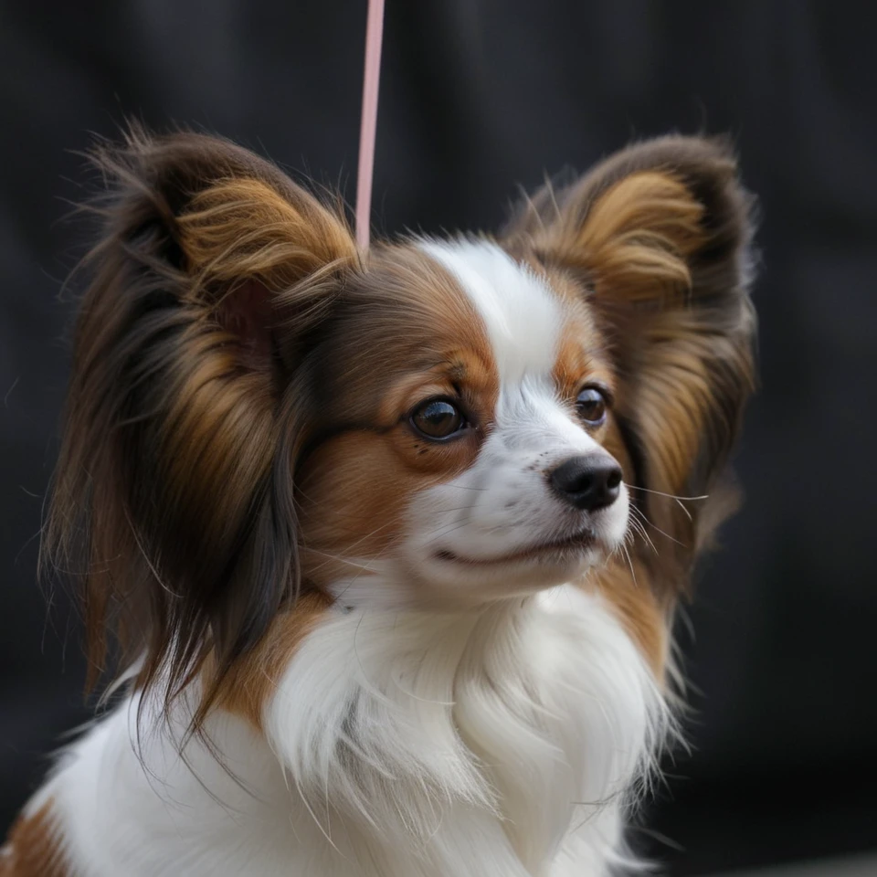 realistic upper body photograph of head (profile:1.1) of brown-white continental toy spaniel (Papillon:1.1)  dog having (long-hair ears:1.3) (head:1.1), The dog has a narrow white blaze between the eyes, the dog's forehead hangs over its muzzle
BREAK illustration, flat vector graphics, (monochrome two colors:1.2), thin sharp outline, sticker imitation, NOBLEDOGS_CTS  <lora:NOBLEDOGS_CTS-000018:0.65>