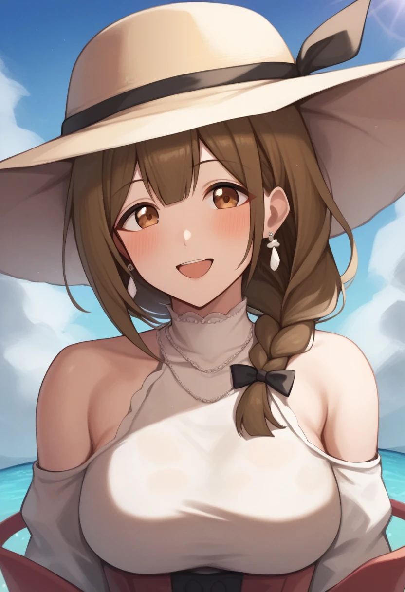 score_9,score_8_up,score_7_up,<lora:kuwayama_chiyuki_pony:1>,1girl, :d, bare_shoulders, blue_sky, blush, braid, breasts, brown_eyes, brown_hair, commentary_request, earrings, hat, highres, jewelry, kuwayama_chiyuki, large_breasts, looking_at_viewer, off-shoulder_shirt, off_shoulder, one-eyed, open_mouth, shirt, sky, smile, solo, sun_hat, upper_body