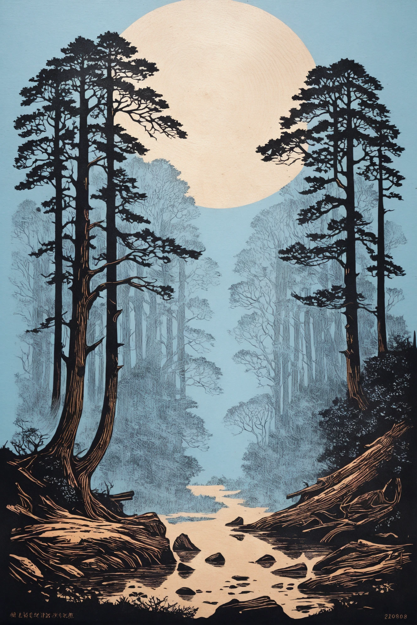 Landscape woodcut prints,minimalism,an ethereal fantasy concept art in an enchanted forest,with an unnatural sky,a tranquil atmosphere,and rustling leaves. Magnificent,natural,ethereal,painting,epic,majestic,magical,fantasy art,cover art,dreamy.,