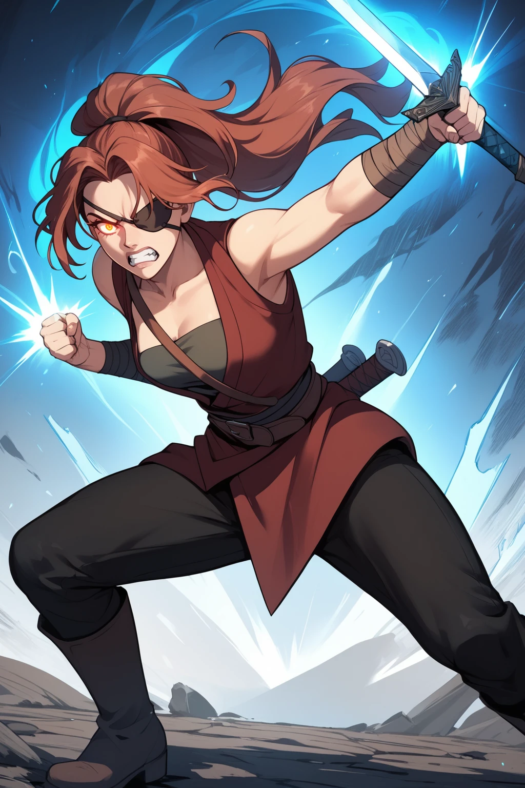 score_9, score_8_up, score_7_up, masterpiece, high quality
 <lora:Hongryeon WiPonyLoRA:0.8>hongryeon, long hair, ponytail, eyepatch, long vest, bandaged arm, tube top, chest strap, belt, pants, boots, aura, sword fight, angry, glowing eye