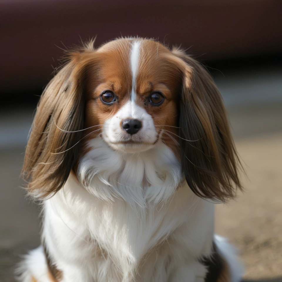 realistic upper body photograph of head (profile:1.1) of brown-white continental toy spaniel (Phalene:1.1)  dog having (long-hair ears:1.3) (head:1.1), The dog has a narrow white blaze between the eyes, the dog's forehead hangs over its muzzle
BREAK illustration, flat vector graphics, (monochrome two colors:1.2), thin sharp outline, sticker imitation, NOBLEDOGS_CTS  <lora:NOBLEDOGS_CTS-000017:0.65>