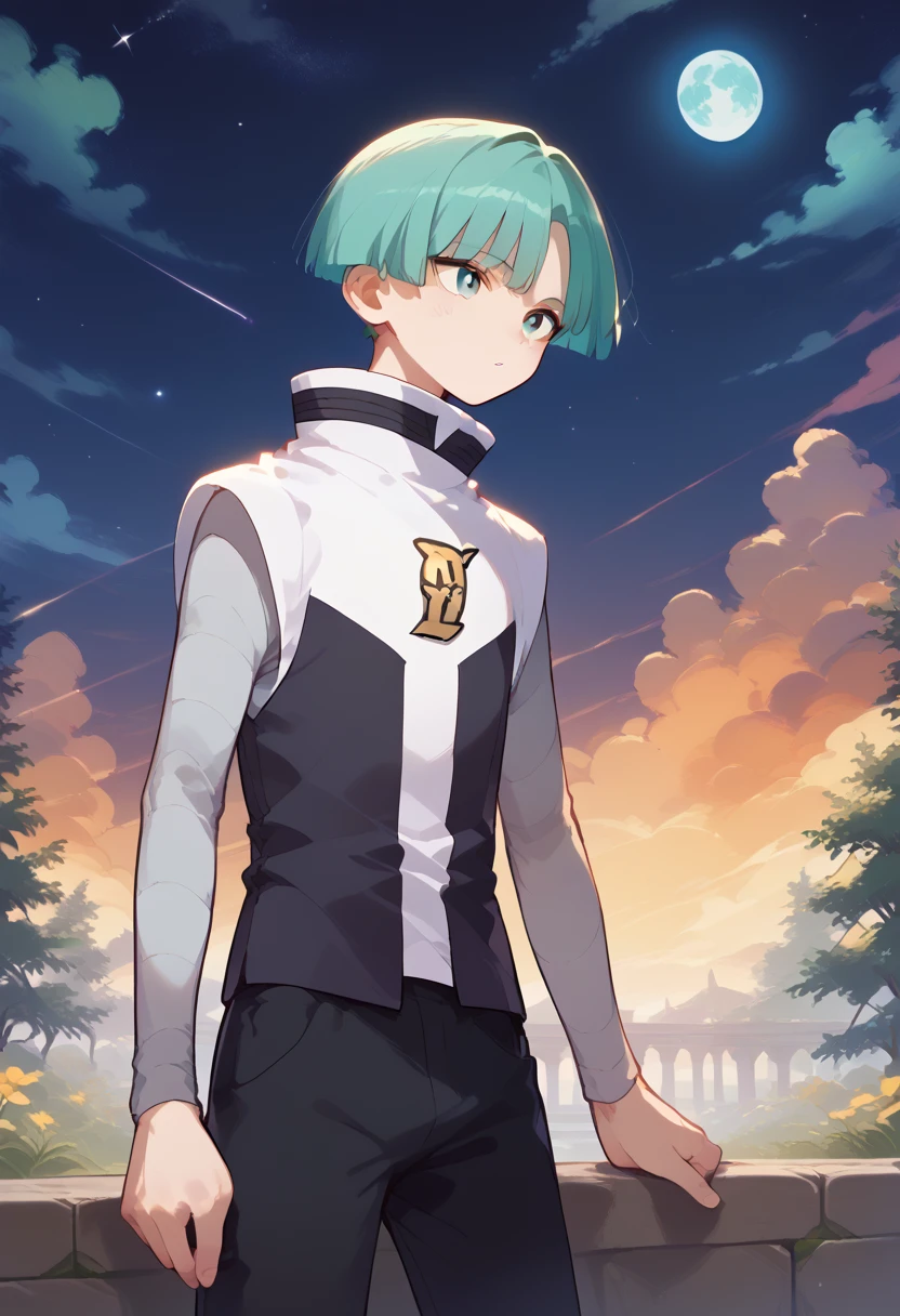 score_9, score_8_up, score_7_up, masterpiece, best quality, amazing quality, best aesthetic, ,absurdres,intricate details,galaxy grunt, green hair, green eyes, white boots, black pants, LONG SLEEVES grey shirt, vest,, 1boy<lora:EMS-382820-EMS:1.000000>, <lora:EMS-373804-EMS:0.800000>