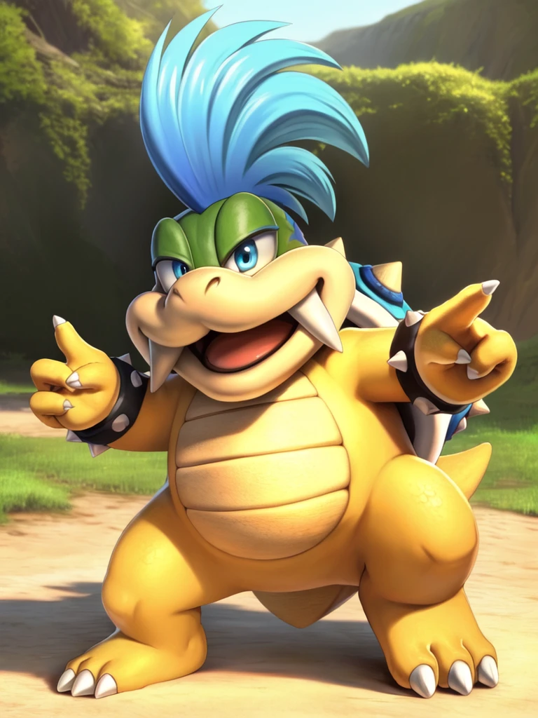 <lora:LarryKoopa-LoRA:1> uploaded on e621, anime style, ultra detailed, 4k, hi res, wonderful art, masterpiece, best quality, extremely beautiful, larrykoopa, nintendo, mario bros, (male, solo), koopa, scalie, reptile, blue hair, mohawk, blue eyes, fangs out, 4 fingers, spiked armlets, blue shell, spiked shell, tail, looking at viewer, happy, smile, open mouth, full-length portrait, outdoors