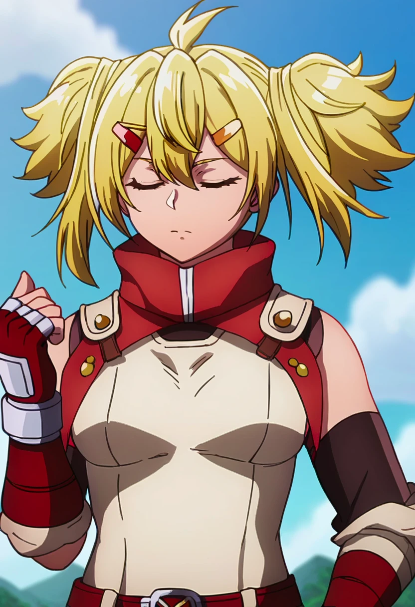 score_9, <lora:Oikatzo:1> oikatzo, 1girl, bangs, blonde hair, closed mouth, fingerless gloves, hair between eyes, hair ornament, hairclip, oikatzo, parody, portrait, red gloves, short hair, short twintails, solo, twintails, upper body