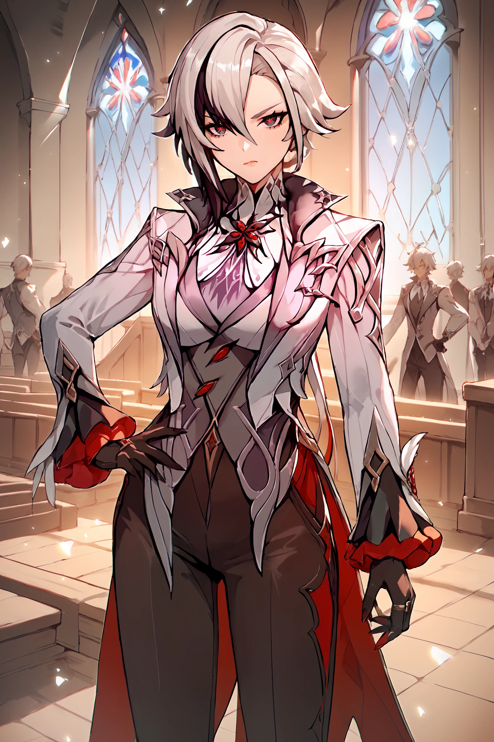 score_9, score_8_up, score_7_up, source_anime , 1girl, arlecchino \(genshin impact\), black gloves, grey tailcoat, black pants, grey vest, grey shirt, looking at viewer, glaring, standing, hand on hip, cowboy shot, church, indoors, depth of field <lora:Expressive_H:0.4> <lora:odanon_style_v2:0.5> <lora:Char-Genshin-Arlecchino-Pony-V1:0.9>