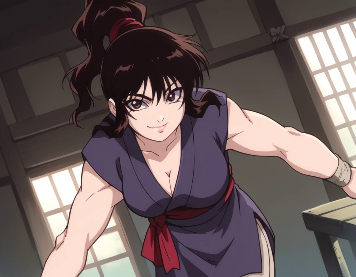 score_9, score_8_up, score_7_up, source_anime,
okoi, <lora:okoi-s1-ponyxl-lora-nochekaiser:1>,
okoi, black hair, brown eyes, ponytail,
cleavage, ninja, japanese clothes, sleeveless,
indoors, dojo, bent over, smile,
cowboy shot, looking at viewer, solo, dutch angle,