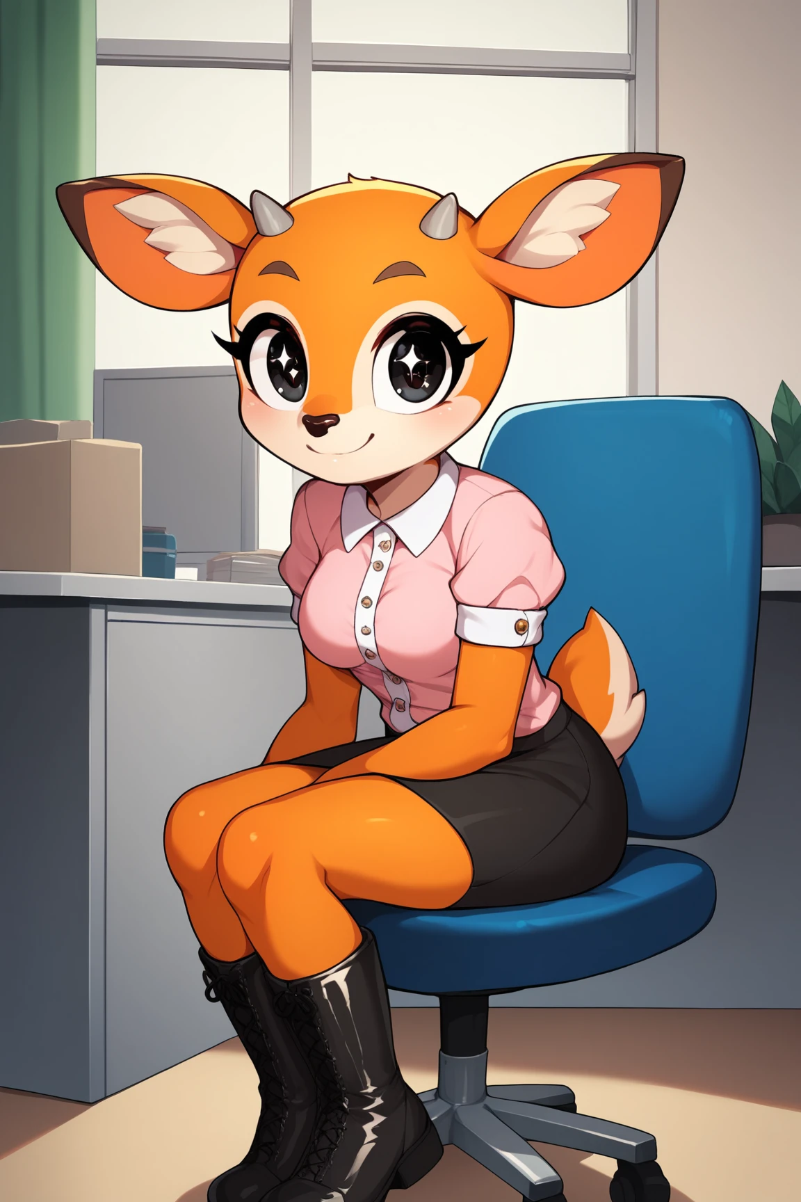 score_9, score_8_up, score_7_up, score_6_up, score_5_up, score_4_up, TsunodaAOXL, anthro furry, furry female, orange fur, two-tone fur, big eyes, black eyes, sparkling eyes, snout, deer ears, grey horns, tail, medium breasts, pink blouse, short sleeves, black skirt, black boots, solo, sitting, seductive smile, looking at viewer, interior, office <lora:TsunodaAOXL:0.8>