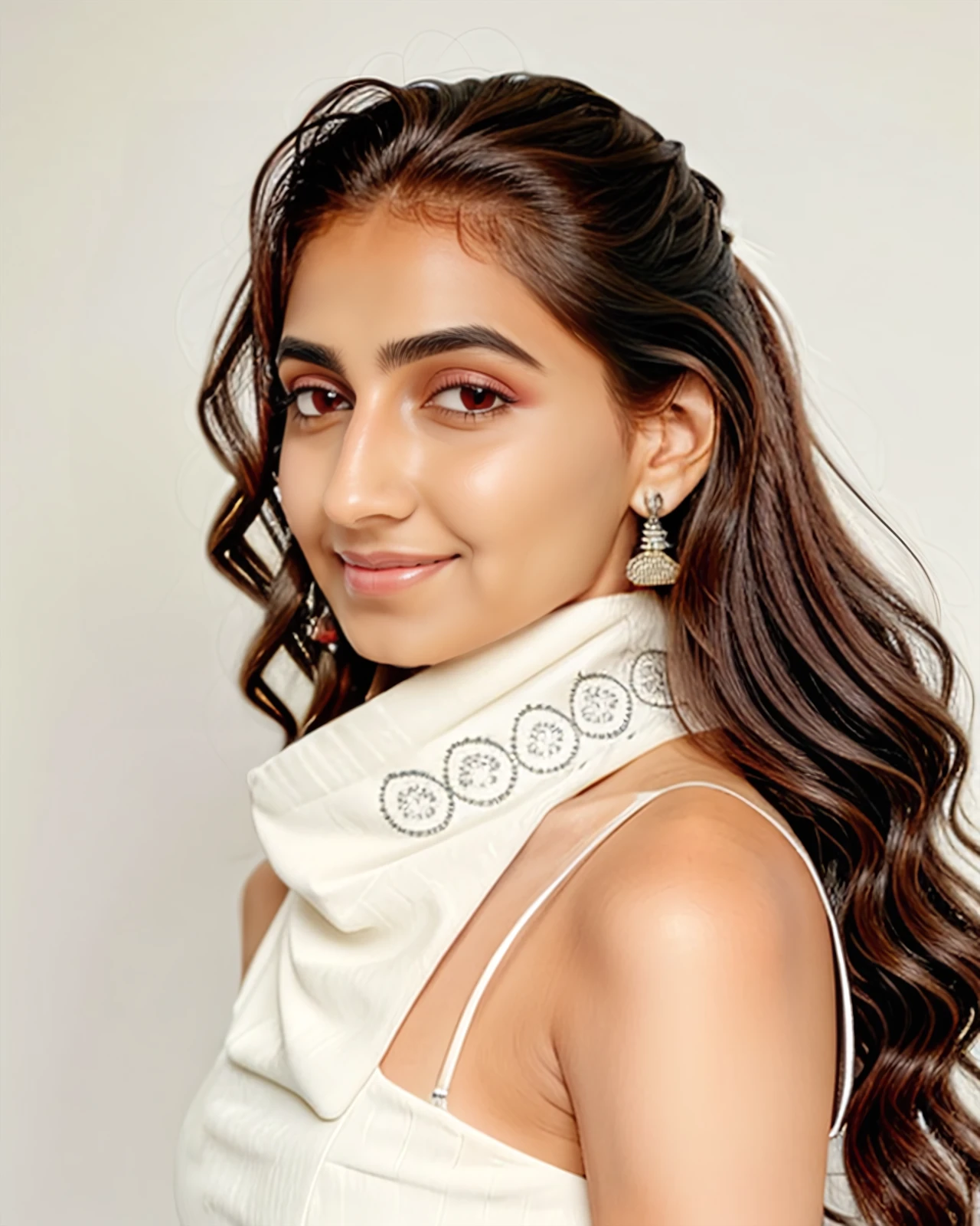 portrait photo of a vdka:0.8 woman, wearing intricate high-neck white and red ghagra choli, solo, smiling, nose piercing, plain white background bokeh <lora:vdka_Vedika_Pinto_SD15_LoRA_prodigy_local_regs_HNepochs:1>