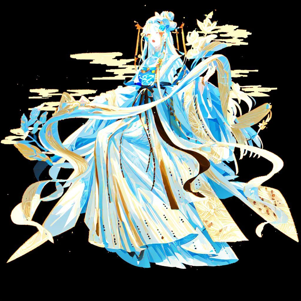 <lora:food-fantasy:1>, foodsy, 1girl, solo, long hair, simple background, hair ornament, long sleeves, dress, holding, jewelry, sitting, very long hair, closed mouth, full body, flower, white hair, wide sleeves, hair bun, white dress, sash, chinese clothes, black background, shawl, forehead mark, scroll, hanfu