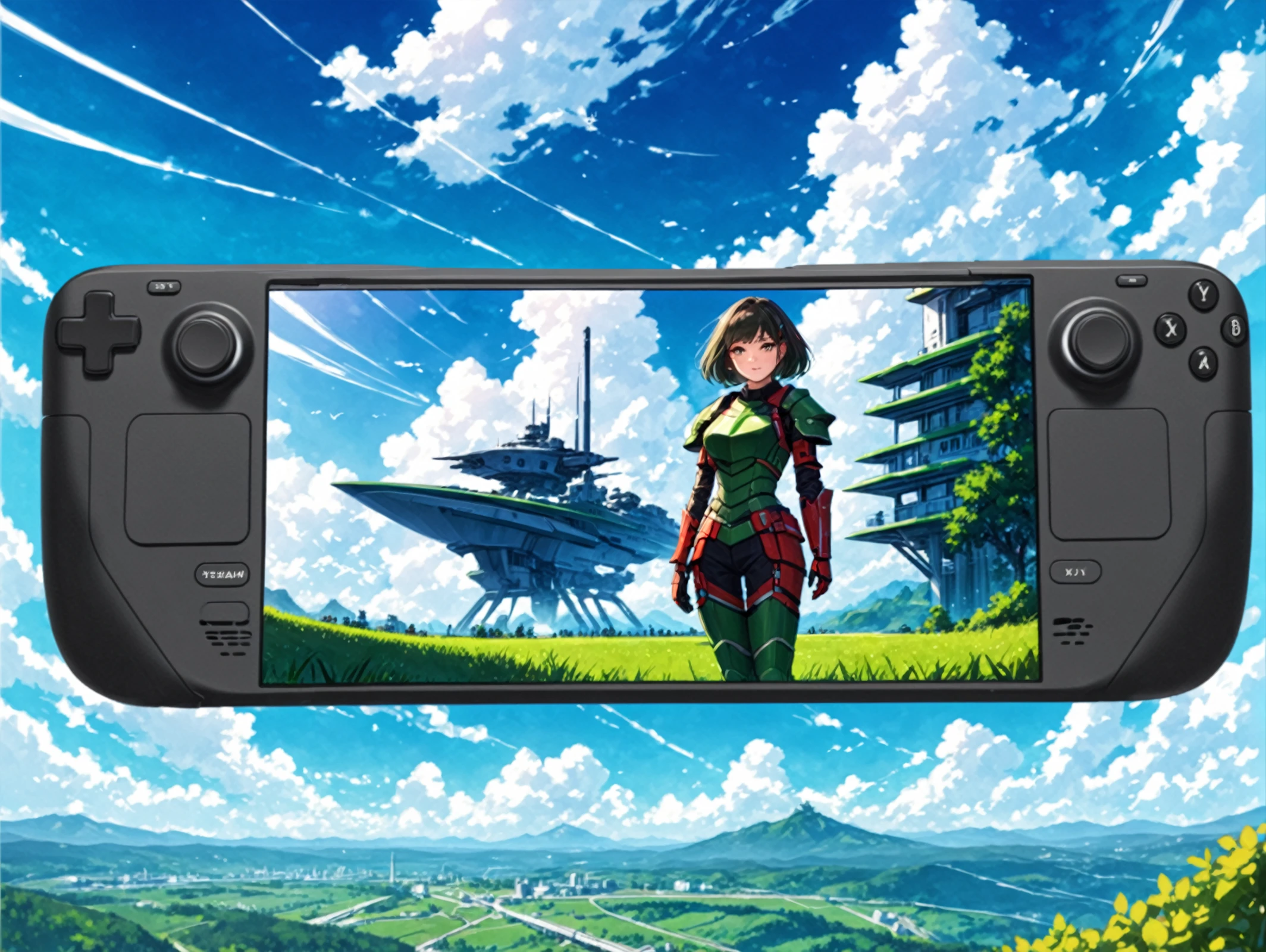 masterpiece, best quality,
 <lora:steamdeck.sdxl.v2:0.85> steamdeck, (fontalsteam ), sky steambackground
[:
science fiction, futuristic, armor, 1girl, solo, green hair,
:0.1]