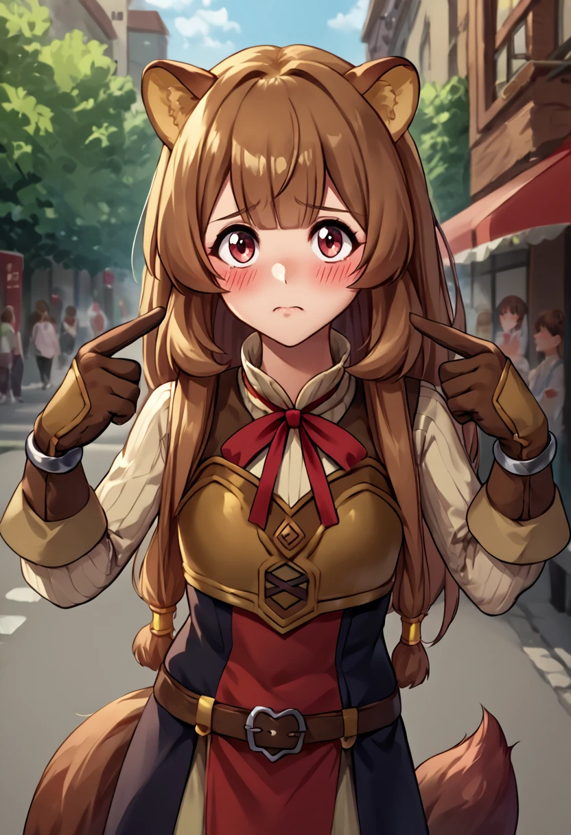 score_9, score_8_up, score_7_up, source_anime, 1girl, duofinger, pointing at self, upper body, <lora:DuoIndexFingerPointingAtSelf_XLPD:1.1>, outdoors, street, <lora:shieldhero_raphtalia_ponyXL:1> raphtaliadef, animal ears, armor, short dress, neck ribbon, red ribbon, long sleeves, brown gloves, brown belt, raccoon tail, blush, shy, looking at viewer,