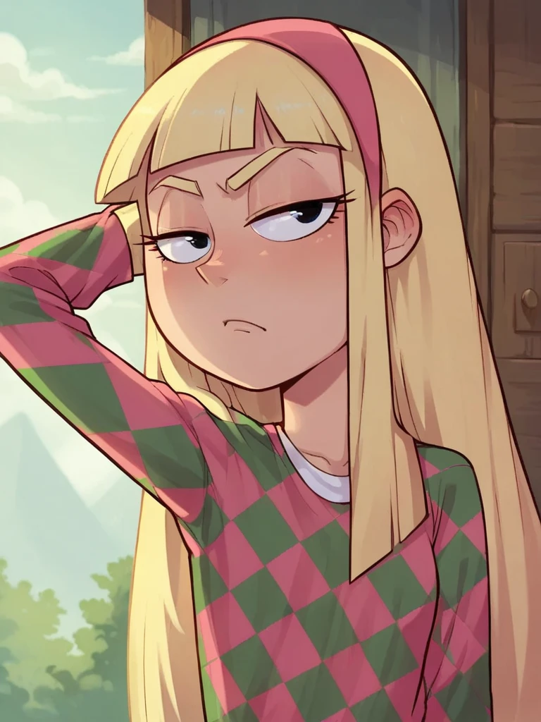 score_9, score_8_up, score_7_up, 
1girl, kendall perkins, blonde hair, long hair, black eyes, blunt bangs,  pink hairband, 

looking at viewer, frown, narrowed eyes,

argyle sweater, long sleeves, arm behind head