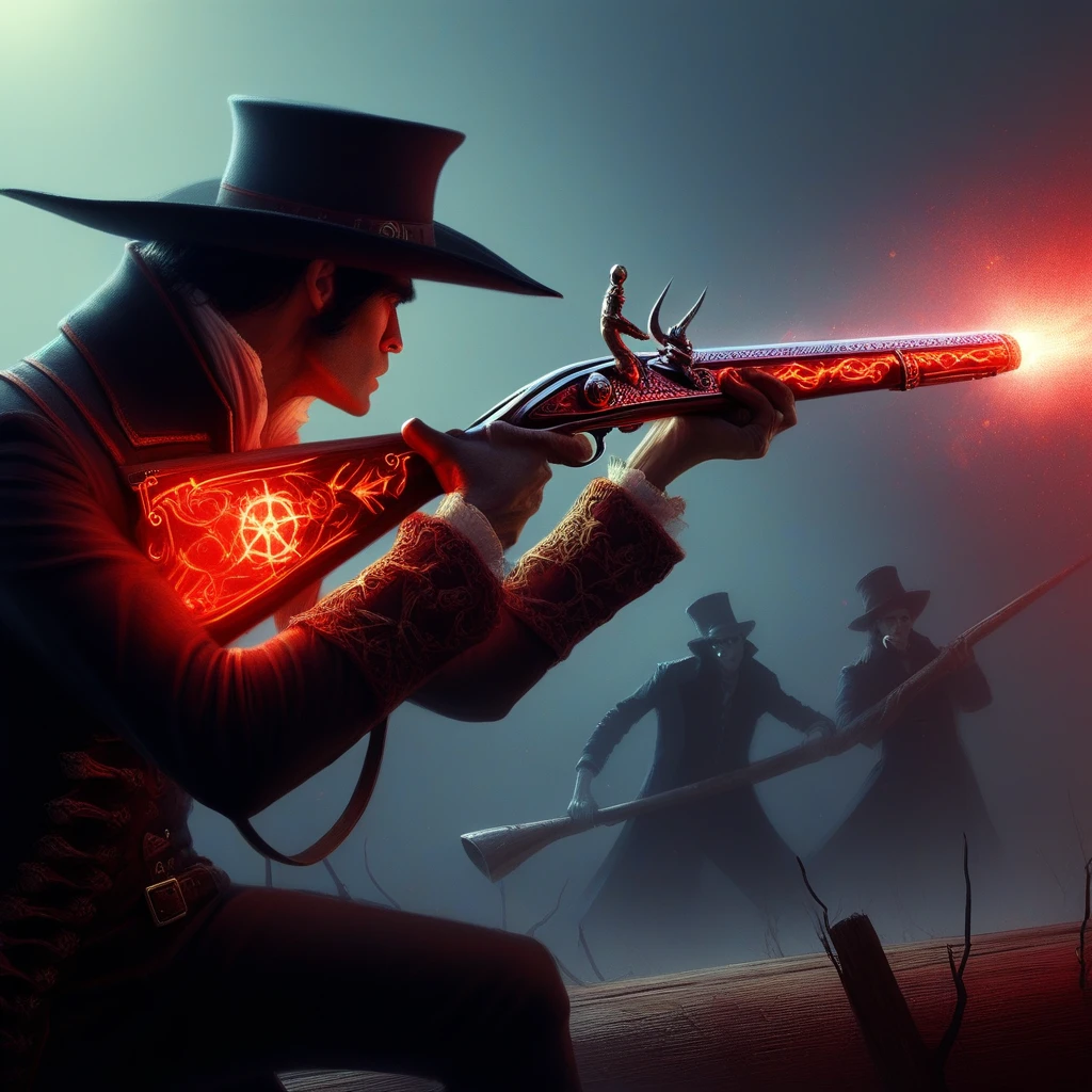 Magic Musket, a man firing his magical rifle at a vampire, digital painting