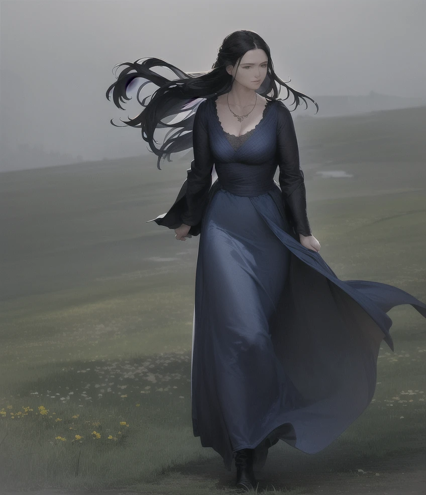 woman picking flowers, holding, long dark blue silk dress, brown boots, pitch black hair, wind, atmospheric,  <lora:Merlin_TV-Show_Fashion:0.65> , merlin fashion, merlin style fashion, merlin dress, necklace, sunlight, (masterpiece:1,2), best quality, masterpiece, highres, original, extremely detailed wallpaper, twilight, rim light, half updo,