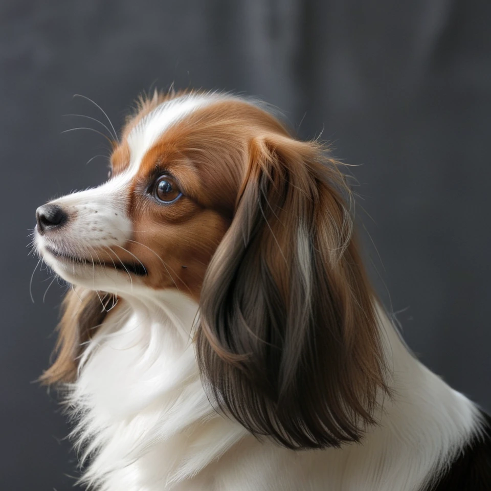 realistic upper body photograph of head (profile:1.1) of brown-white continental toy spaniel (Phalene:1.1)  dog having (long-hair ears:1.3) (head:1.1), The dog has a narrow white blaze between the eyes, the dog's forehead hangs over its muzzle
BREAK illustration, flat vector graphics, (monochrome two colors:1.2), thin sharp outline, sticker imitation, NOBLEDOGS_CTS  <lora:NOBLEDOGS_CTS-000017:0.65>