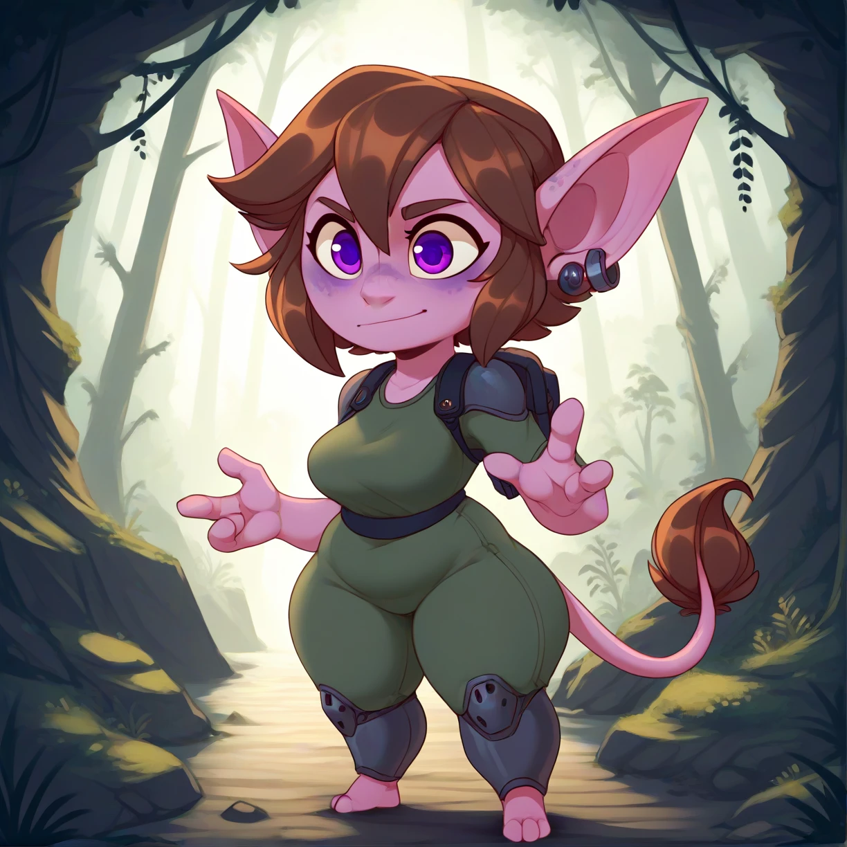 <lora:Huffslove_Style_PonyXL:0.7>, huffslove, by huffslove, score_9, score_8_up, score_7_up, score_6_up, score_5_up, score_4_up, source_furry, rating_safe, 4 fingers, breasts, ear piercing, female, not furry, piercing, solo, thick calves, thick thighs, short stack, humanoid, clothed, imp, tail, hi res, brown hair, purple eyes, pink body, in a rainforest, detailed background, science fiction, leaning