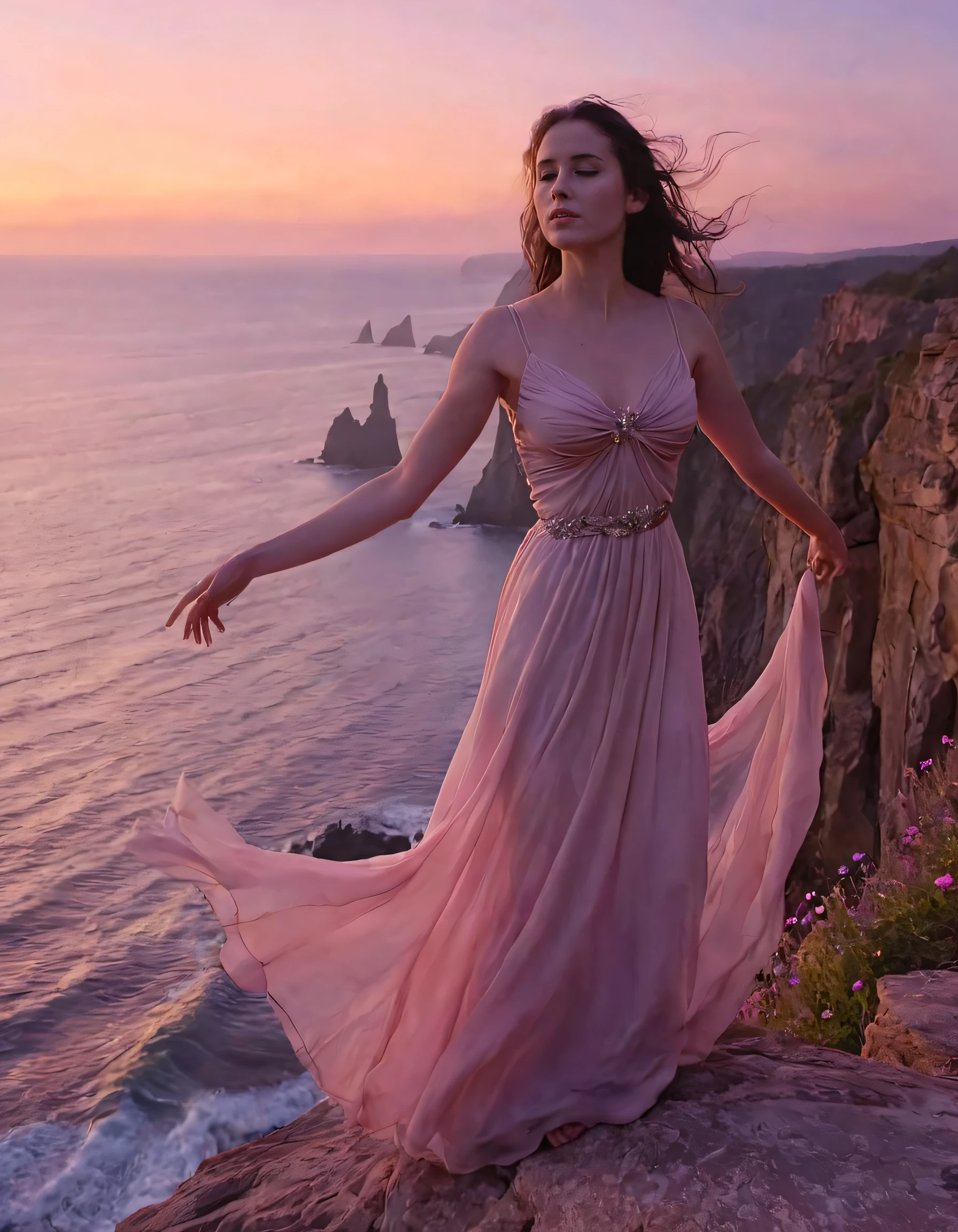 In the soft golden hues of twilight, a young woman with captivating dark tresses stands at edge windswept cliff overlooking tranquil ocean waves gently lapping rocky shore. Her radiant features illuminated by fading sunlight casts ethereal glow on delicate curve waist and graceful arch back as gazing out distance arms outstretched facing serene tranquil tranquil scene. Her elegant gown shimmer drape midnight blue silkw billows around her like wispsmoke, catching wind creating mesmerizing dance shadows light. Rugged clifface behind her adorn vibrant wildflowers sway breeze adding touch color to otherwise monochrome scene while sky above painted hues pink orange purple as sun dips below casting warm ambient romantic light on tableau. Sense of serenity pervades striking image, capturing essence young woman standing precipice life ready embrace unknown courage gracefully with courage and grace. Myra <lora:yiiwhr18fb653bce9ua:1>