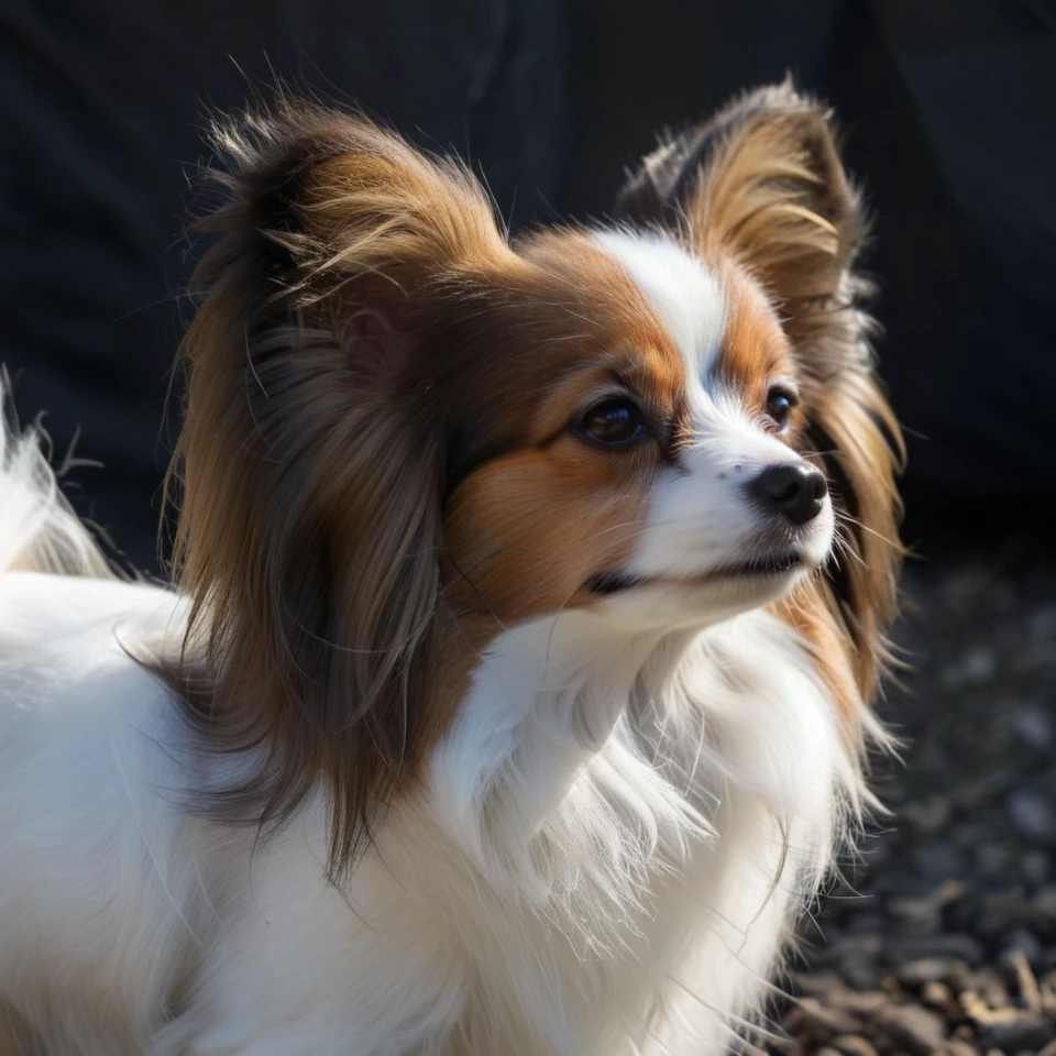 realistic upper body photograph of head (profile:1.1) of brown-white continental toy spaniel (Papillon:1.1)  dog having (long-hair ears:1.3) (head:1.1), The dog has a narrow white blaze between the eyes, the dog's forehead hangs over its muzzle
BREAK illustration, flat vector graphics, (monochrome two colors:1.2), thin sharp outline, sticker imitation, NOBLEDOGS_CTS  <lora:NOBLEDOGS_CTS-000018:0.65>