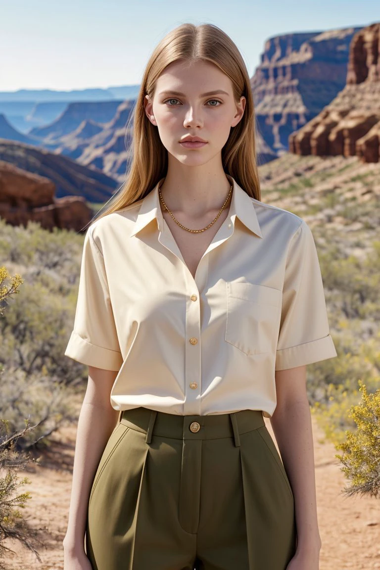 European woman, closeup, (shirt), pants, (big bend national park), gold necklace , ZM_margarida, wide shoulders, perfect face, (contact iris: 1.1), pale skin, skin pores , depth of field
