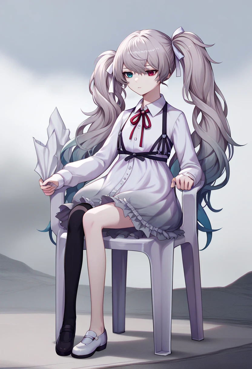 score_9, score_8_up, score_7_up, source_anime, solo, 1girl, 25-jimiku, expressionless, plastic chair, sitting, leaning, grey hair, twintails, hair ribbon, heterochromia, blue eyes, red eyes, frills, white dress, frilled dress, neck ribbon, red ribbon, chest harness, long sleeves, single thighhigh, black thighhighs, cloudy, outdoors, fog <lora:projectsekai_25-jimiku_ponyXL:1> <lora:PlasticChair_XLPD:1>