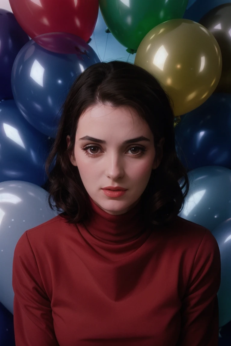 <lora:winona-08:0.6>,,winona , , photo of a woman,  ,fashion portrait photo of a woman from the 60s wearing a red turtleneck standing in the middle of a ton of balloons, taken on a hasselblad medium format camera