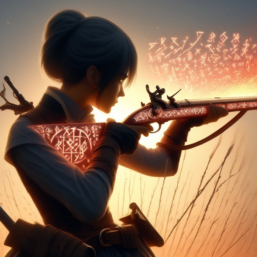 Magic Musket, a woman firing a rifle engraved with runes, anime