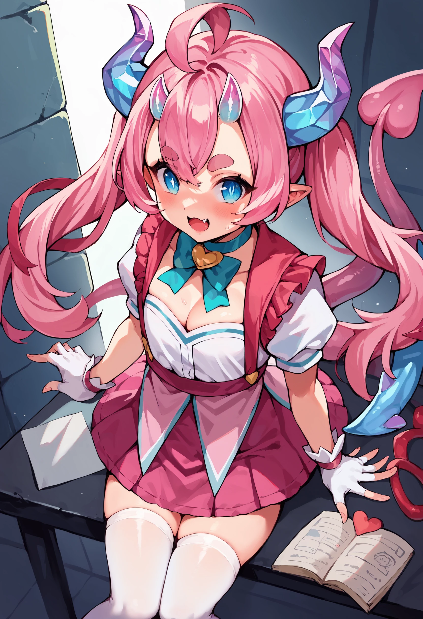 score_9, score_8_up, score_7_up, uncensored, source_anime, 1girl, <lora:spchibidokiXLPony:1> chibidokidef, thick eyebrows, horns, gloves, tail, pink skirt, white thighhighs, choker