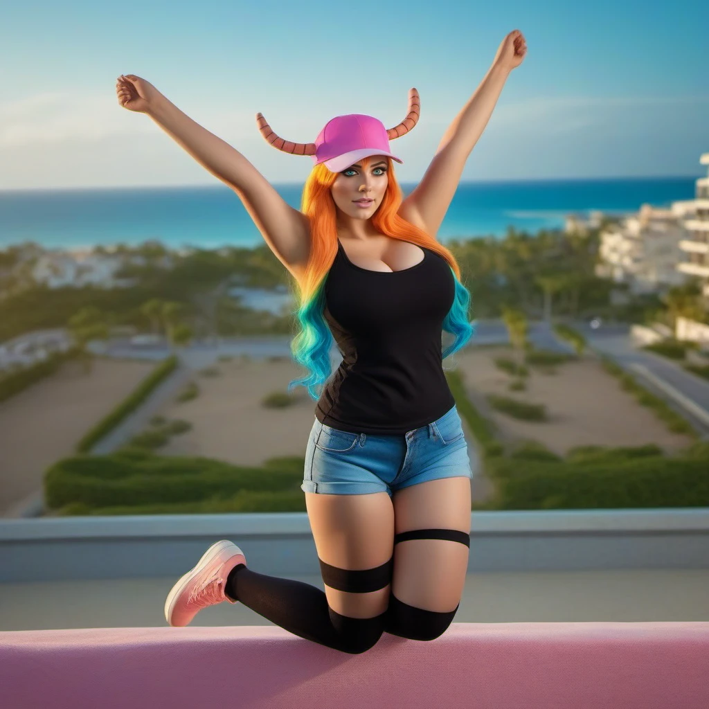 cinematic photo a full body woman, massive breast, cleavage, black top, heterochromia, long gradient hair, thighhighs, orange horns through pink baseball cap, jeans shorts, red cheeks, view from top, jumping, beach  background  <lora:Lucoa1024:0.8> . 35mm photograph, film, bokeh, professional, 4k, highly detailed