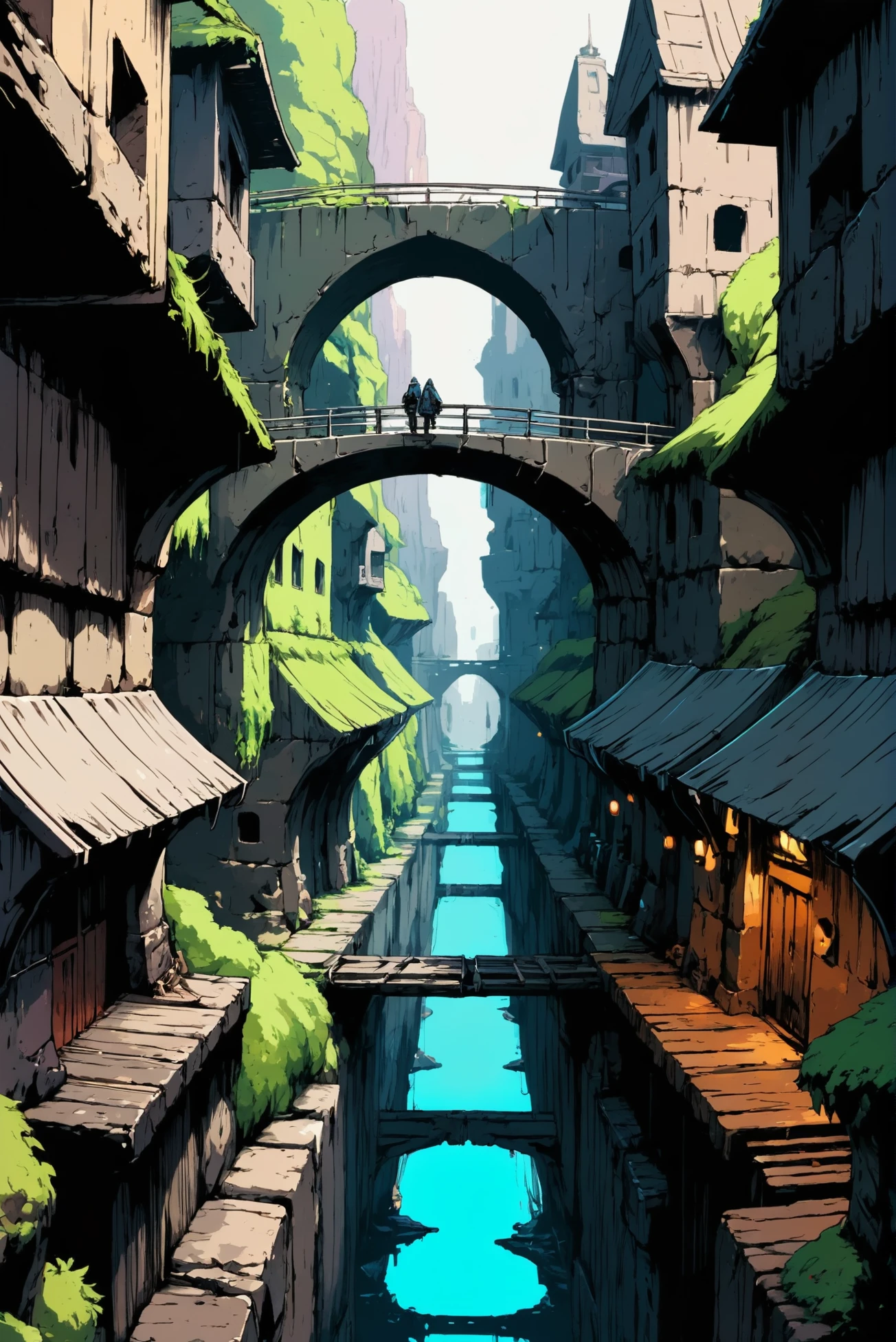 fine point pen digital painting, anime style, solemn scifi village in a Troll Bridges<lora:EnvyStarlightAnimeInk01:1.2>