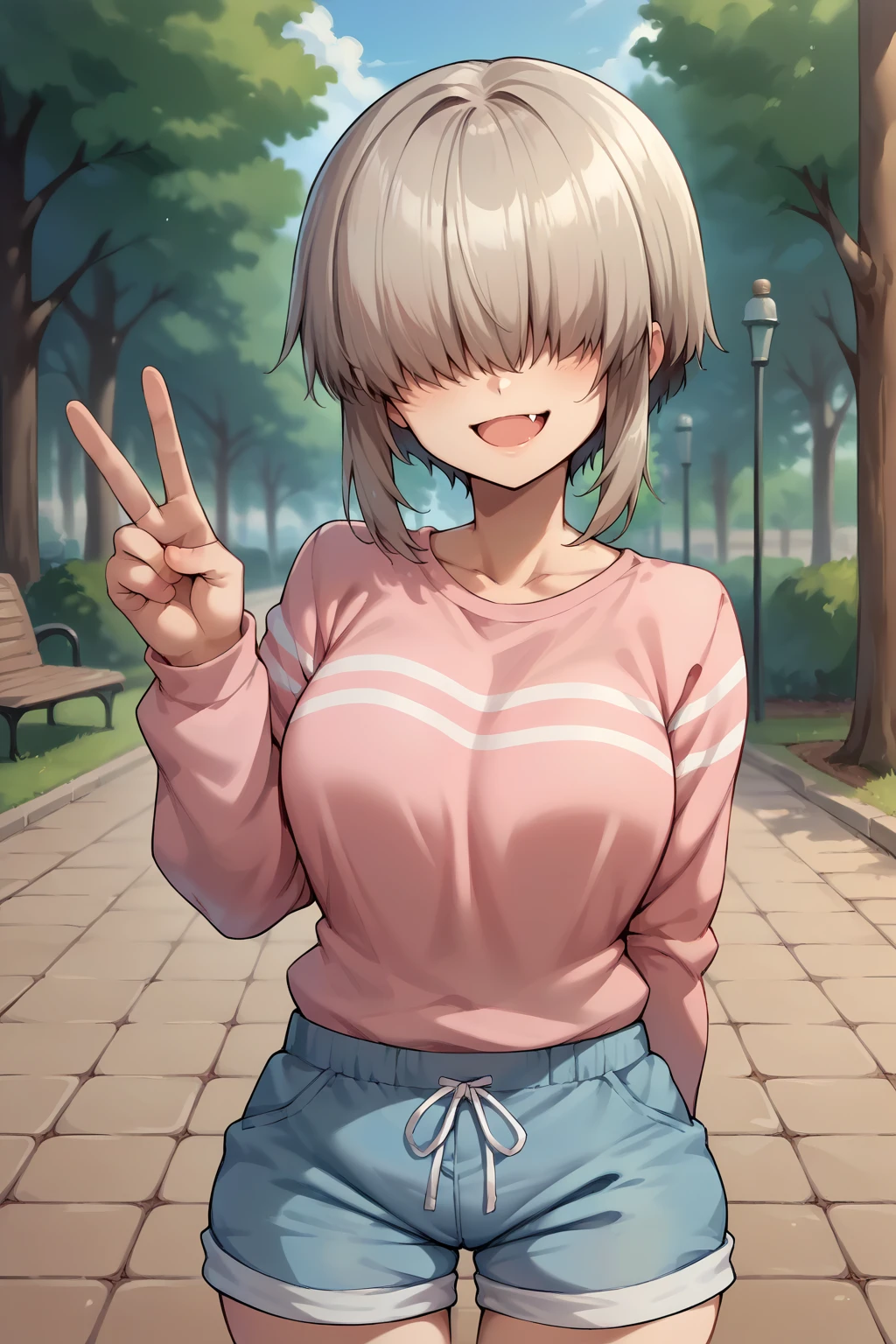 score_9, score_8_up, score_7_up, source_anime, cowboy shot, looking at viewer, smile, open mouth, ynguzk, fang, covered eyes, short hair with long locks, pink shirt, long sleeves, blue shorts, peace sign, arm behind back, outdoors, park, <lora:Hoseki_UzakiChan_YanagiUzaki_PDXL_v1:1>