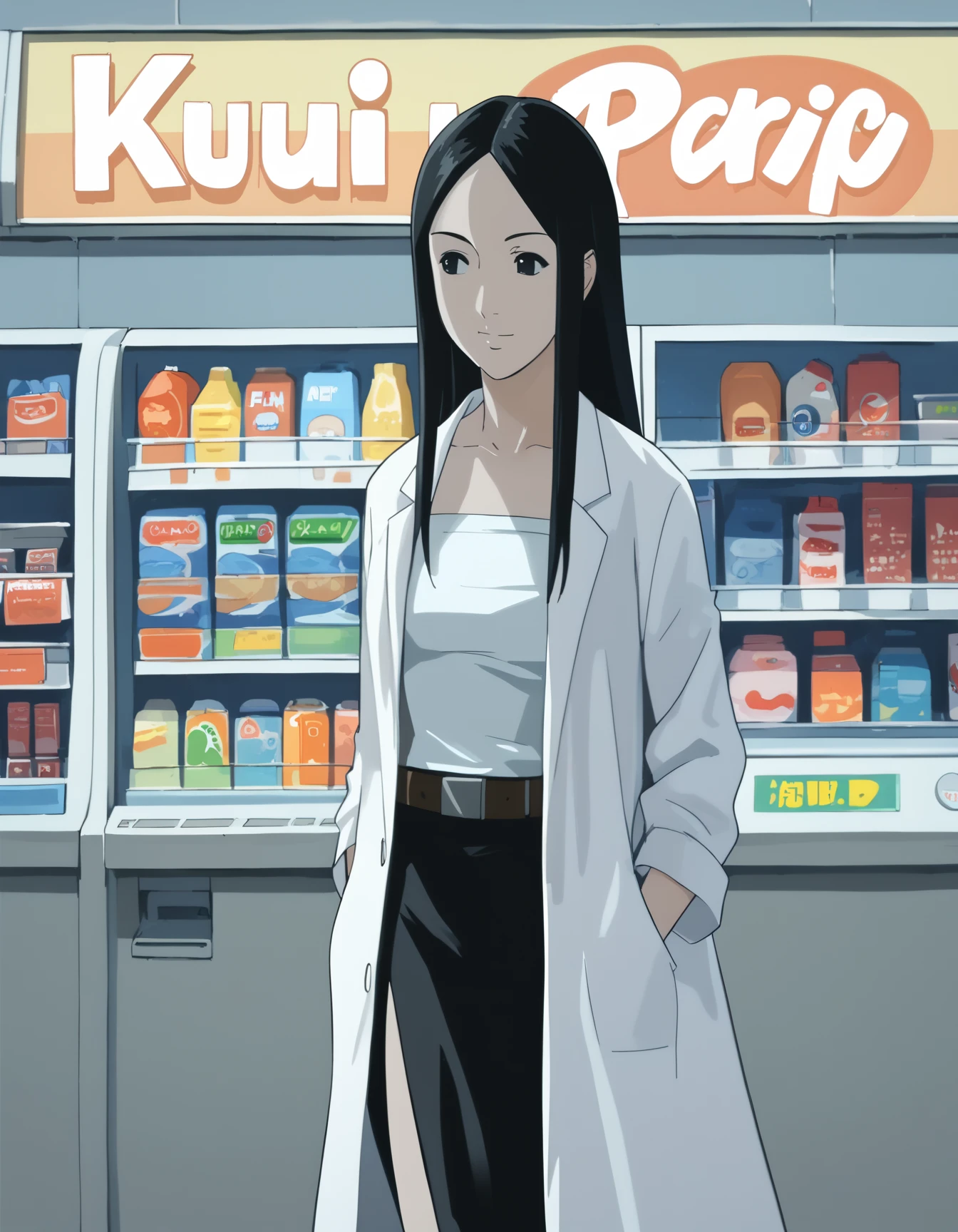 score_9, score_8_up, score_7_up, source_anime, <lora:ray-animation-ponyxl:1> kasuganoray, pale skin, lab coat, black hair, long hair, tube top, black skirt, belt,
1girl, vending machine, looking to the side, smile, hospital