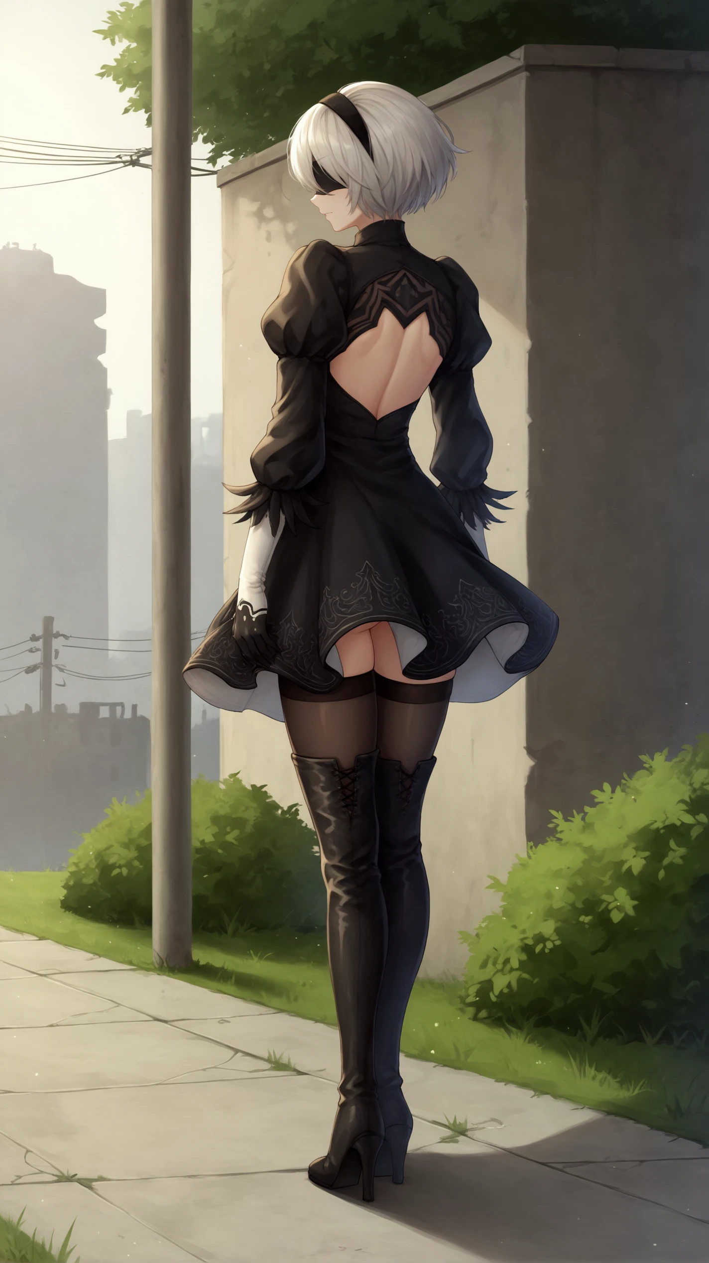 2b, 2b, black hairband, shairband, Short hair, White hair,Blake Black Skirt, black thighhighs, long boots, cleavage cutout, Clothes Cutout, shairband, high-heels, Long sleeves, droid, side slits, Skirt, Thigh boots, thighs thighs thighs thighs,BREAK looking at viewer, Full body,BREAK outdoors,BREAK (masutepiece:1.2), Best Quality, High resolution, Unity 8k壁纸, (Illustration:0.8), (Beautiful detailed eyes:1.6), extra detailed face, Perfect Lighting, extremely details CG, (Perfect hands, Perfect Anatomy),,(white panties:1.3)、(Fully exposed panties:1.5)、Sit with your knees bent、Eight-headed body、beauty legs 、As if looking up from below、(knees to chest),
