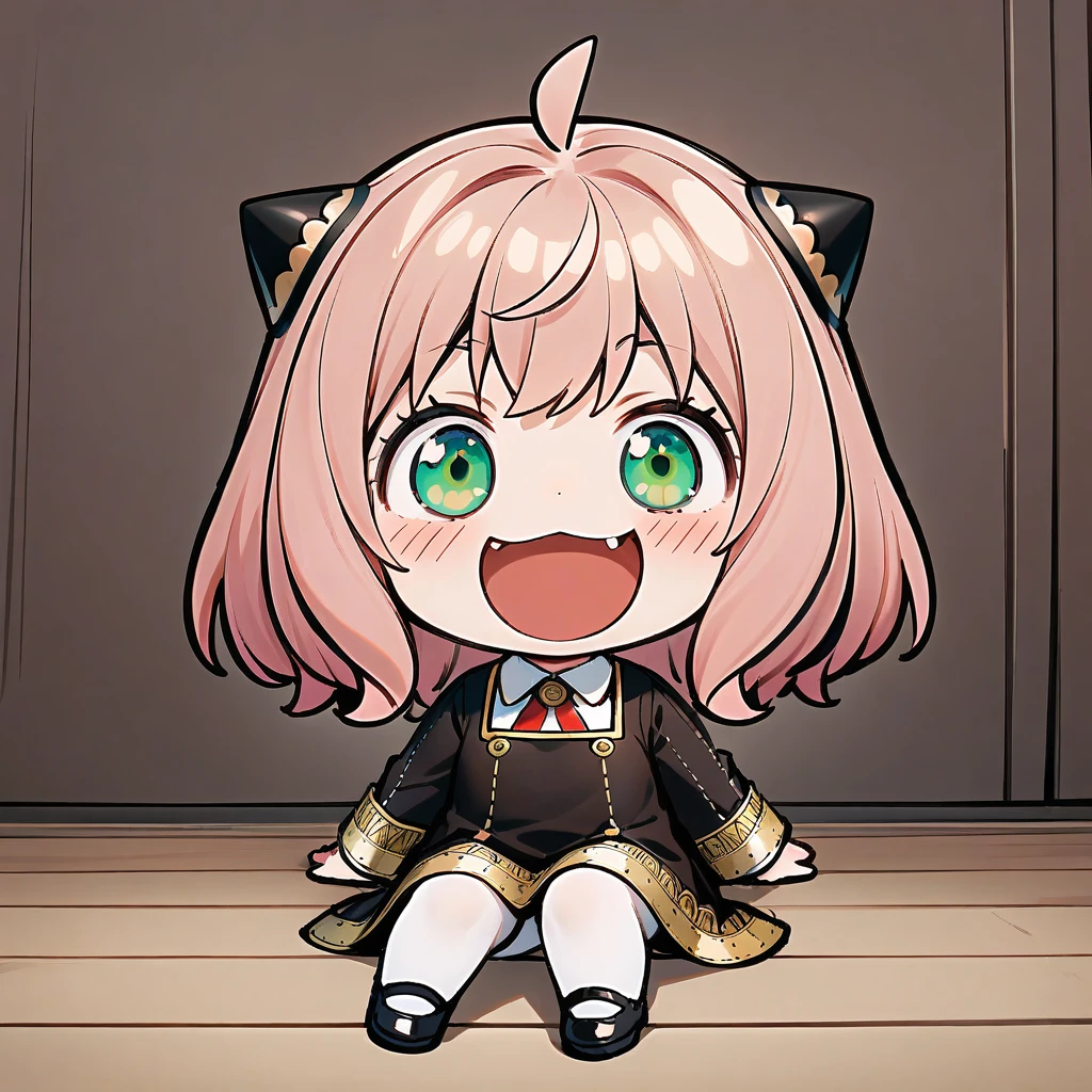 smile, :d, chibi,(masterpiece),(best quality),Anya Forger, 1girl, anya \(spy x family\), solo, female child, pink hair, green eyes, school uniform, eden academy school uniform, smile, dress, sitting, looking at viewer, open mouth, black footwear, black dress, child, shirt, :d, long sleeves, full body, shoes, medium hair, bangs, ahoge, white pantyhose, collared shirt