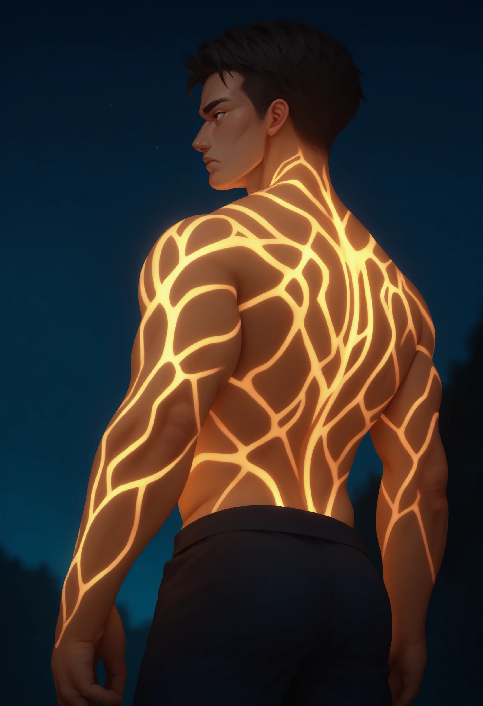 score_9, score_8_up, score_7_up, source_anime, 1boy, glowing veins, glowing body, <lora:EnergyVeins_XLPD:1.2>, from behind, dark, night, looking to the side,