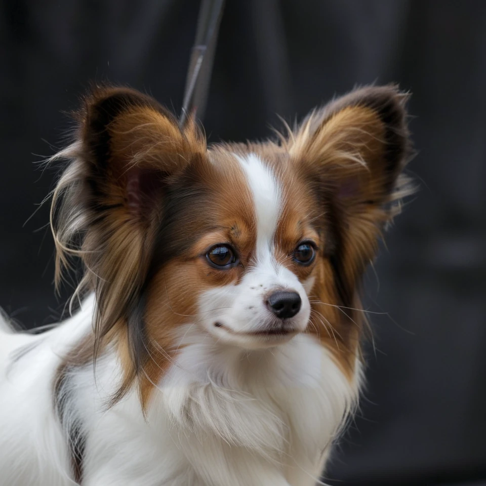 realistic upper body photograph of head (profile:1.1) of brown-white continental toy spaniel (Papillon:1.1)  dog having (long-hair ears:1.3) (head:1.1), The dog has a narrow white blaze between the eyes, the dog's forehead hangs over its muzzle
BREAK illustration, flat vector graphics, (monochrome two colors:1.2), thin sharp outline, sticker imitation, NOBLEDOGS_CTS  <lora:NOBLEDOGS_CTS-000018:0.65>