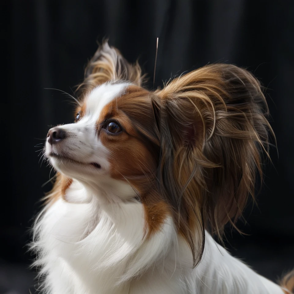 realistic upper body photograph of head (profile:1.1) of brown-white continental toy spaniel (Papillon:1.1)  dog having (long-hair ears:1.3) (head:1.1), The dog has a narrow white blaze between the eyes, the dog's forehead hangs over its muzzle
BREAK illustration, flat vector graphics, (monochrome two colors:1.2), thin sharp outline, sticker imitation, NOBLEDOGS_CTS  <lora:NOBLEDOGS_CTS-000018:0.65>