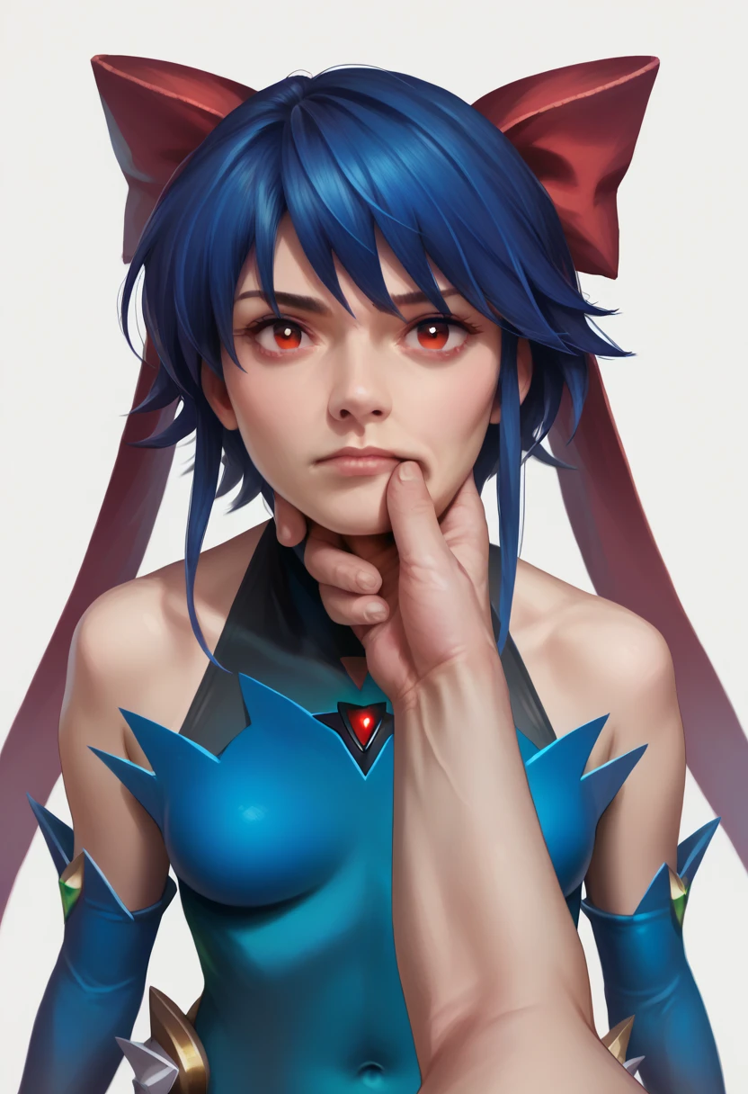 score_9, score_8_up, realistic,
chin grab,
1girl, kaganoai, blue hair, short hair, (sidelocks), red eyes, hair bow,
bare shoulders, covered navel, detached sleeves, magical girl,
1boy, pov, pov hands,
white background <lora:KaganoAiXL:1> <lora:VillainousFaceHoldXLv2:1> <lora:Concept Art Ultimatum Style LoRA_Pony XL v6:1>
