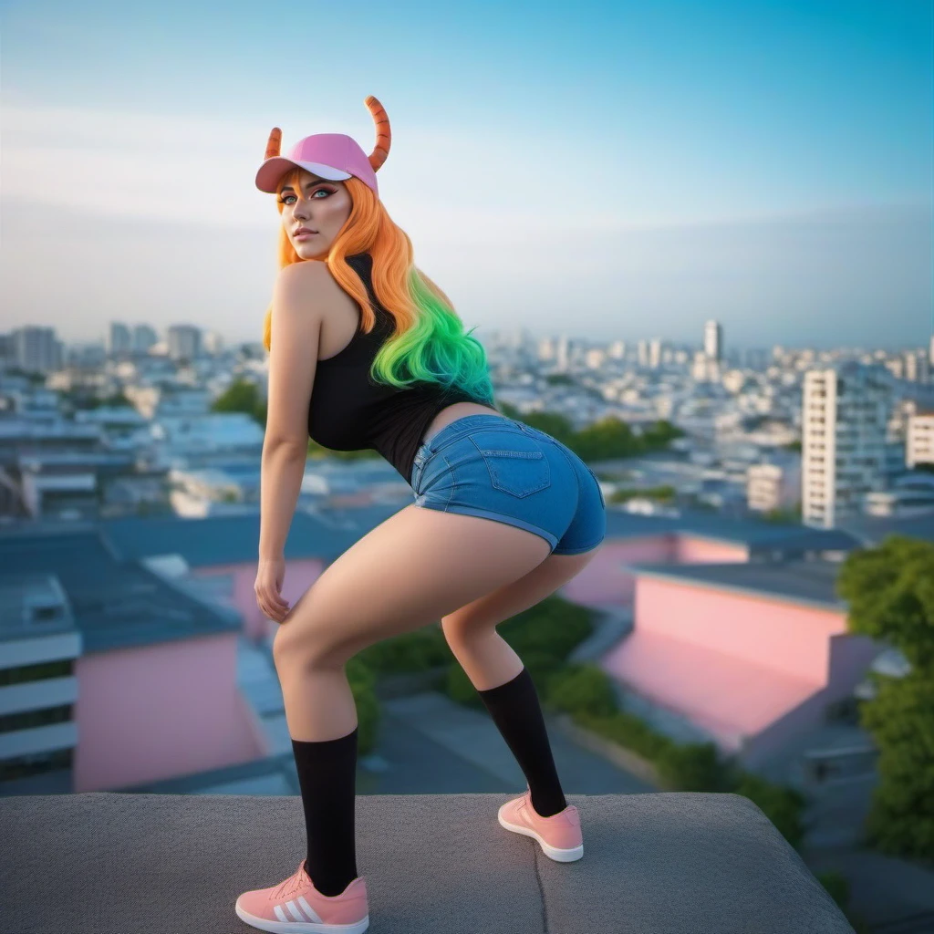 cinematic photo a full body woman, massive breast, cleavage, black top, heterochromia, long gradient hair, thighhighs, orange horns through pink baseball cap, jeans shorts, red cheeks, view from top, japanese city background  <lora:Lucoa1024:0.8> . 35mm photograph, film, bokeh, professional, 4k, highly detailed