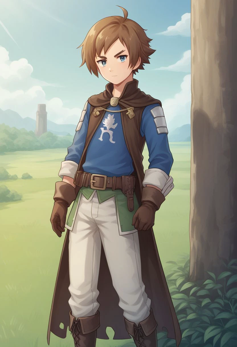 sscore_9, score_8_up, source_anime, highly detailed, 1boy, solo, skinny,
yew, 1boy, brown hair, male focus, vest, boots, gloves, belt, ahoge,
outdoor,