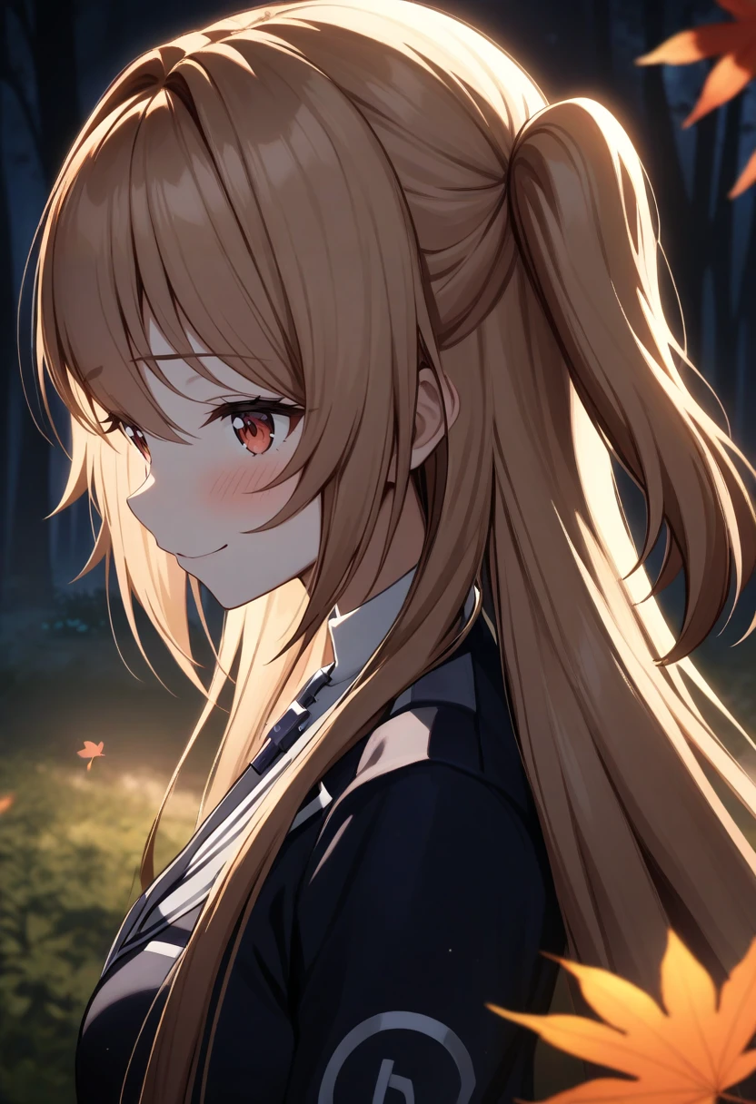 Kaede-outfit1,upper body,shy,blush,smile,black thighhighs white trim,sideways glance,side ponytail,
<lora:KaedeV3:1>,night,forest,dark,dimly lit,moody,cinematic,
maple leaf,dawn,
walking,from side,pov,close-up,, masterpiece,best quality,very aesthetic,absurdres,incredibly absurdres,<lora:add_detail:1>,