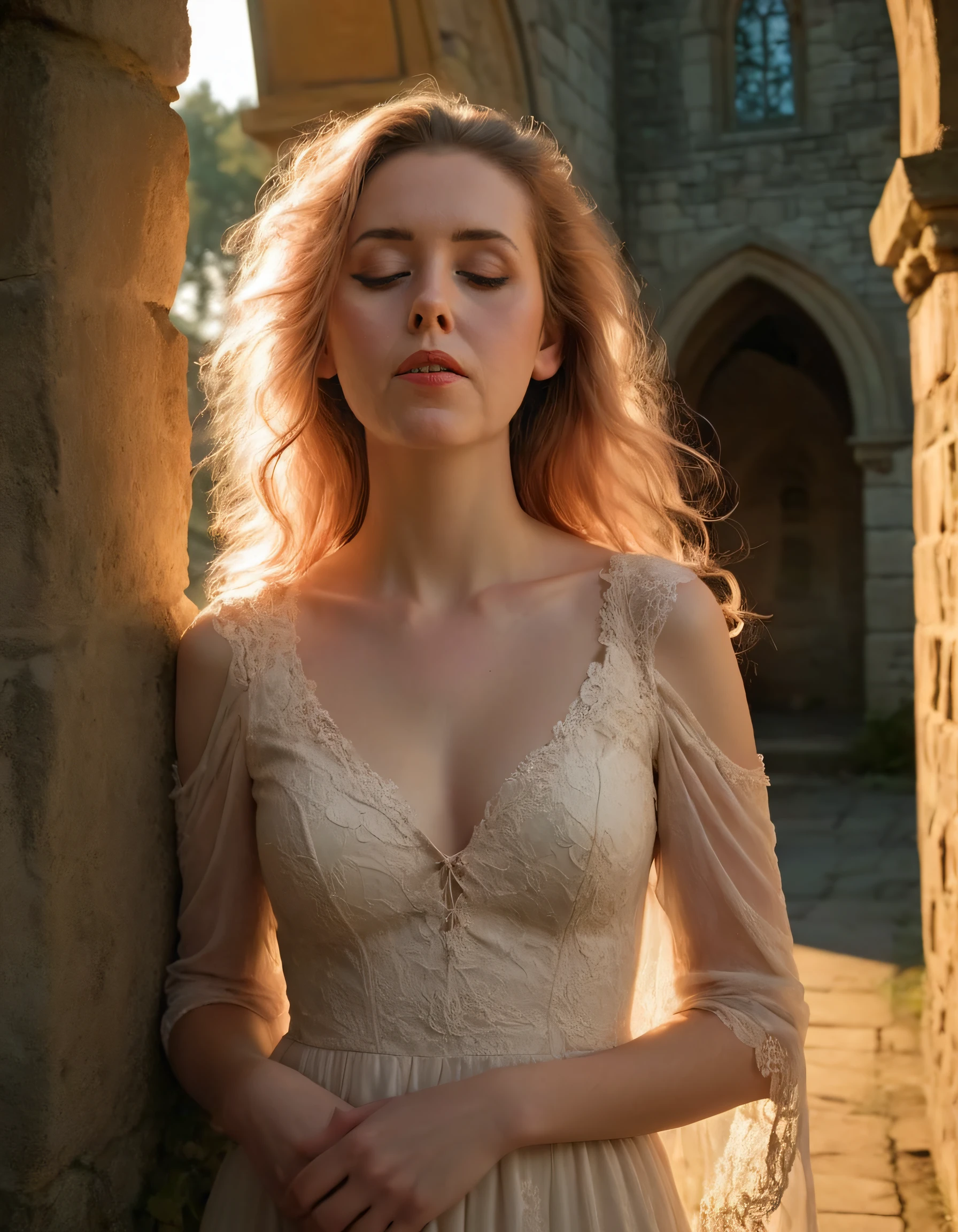 In the soft glow of twilight, against the backdrop of an ancient stone chapel silhouetted by a fading sunset, stands a captivating young woman named Myra clad in flowing ivory dress with delicate lace details that billow gently around her like whispering cloud, her long golden hair cascading down her shoulders and framing her delicat features. Her eyes, the deepest shade emerald, are locked onto the camera as she gracefully leans against cold stone wall, one hand delicately cradling a vintage rose that matches the color of her dress. The gentle breeze rustles her gown, creating ethereal dance around her form, while shadows from chapel's gothic arches play upon her face casting subtle mysterious allure, yet sense hope hidden within her gaze, as if she stands not just woman lost time but timeless beauty who forever captivate those who gaze upon her image. The photograph is captured low angle, looking up at her emphasizing regality and beauty, warm hues of sun bathe her in radiant light that seems transcend reality, making her seem almost otherworldly. Emotional tone image is one melancholy, yet there sense hope hidden within her gaze, as if she stands not just woman lost in time but timeless beauty who will forever captivate those who gaze upon her image. <lora:yiiwhr18fb653bce9ua:1>
