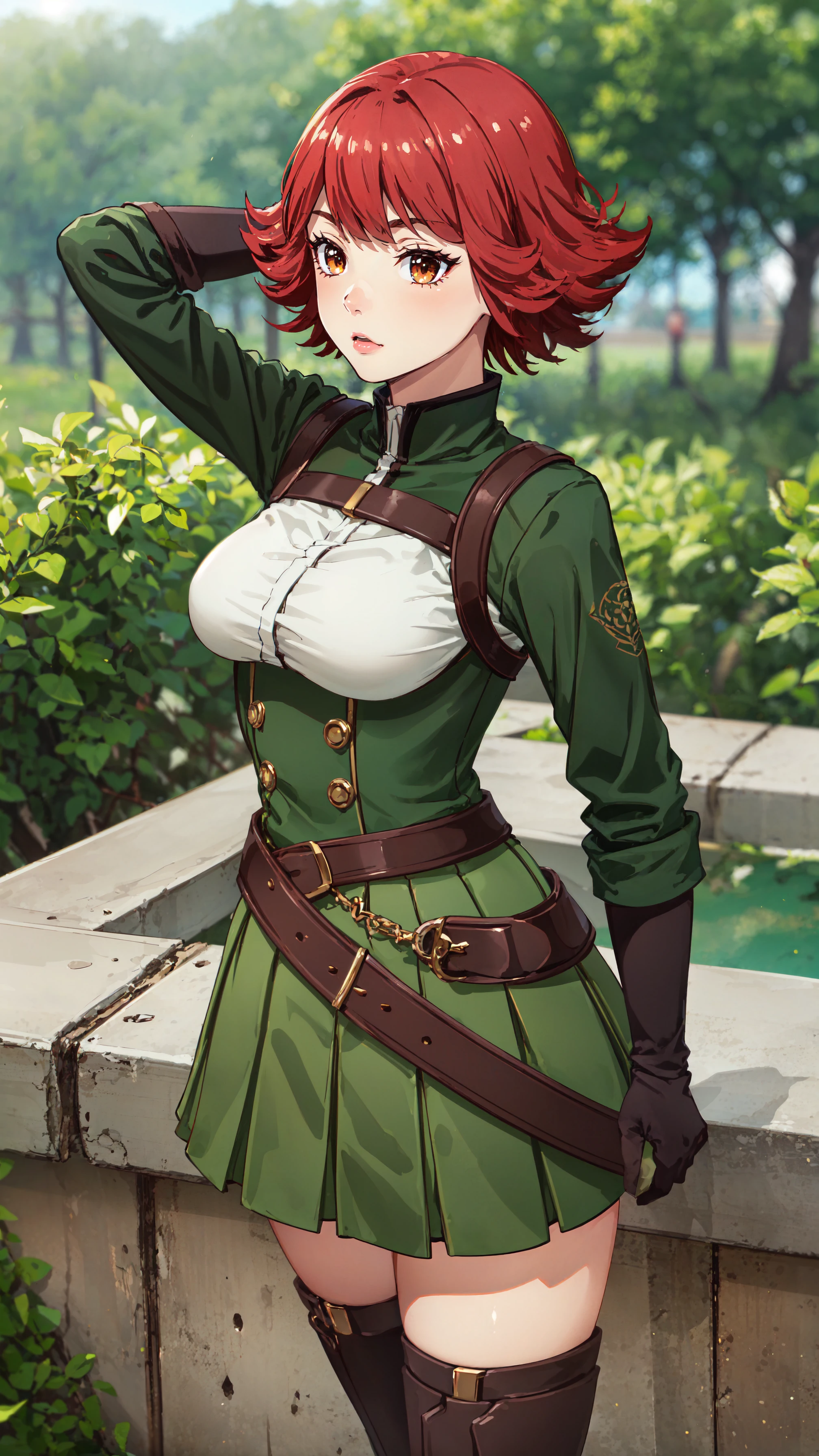 photorealistic, (4k), depth of field, (Masterpiece), (realistic skin texture), extremely detailed, intricate, hyper detailed, professional photography, bokeh, high resolution, sharp detail, best quality, girl, short hair, red hair, orange eyes, green and white outfit, belt, green skirt, <lora:GoodHands-vanilla:0.4>, <lora:detail_slider_v4:0.8> , dynamic pose, (one arm behind her head), <lora:Byleri-000004:0.8>, meadow, grass, path, stone fence,