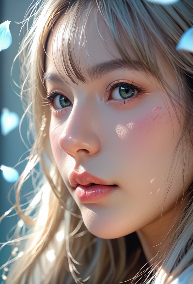 score_9, score_8_up, score_7_up, Girl's profile picture, light green long hair with bangs, light blue petals on cheeks, realistic skin texture, detailed picture, close-up, HD32k