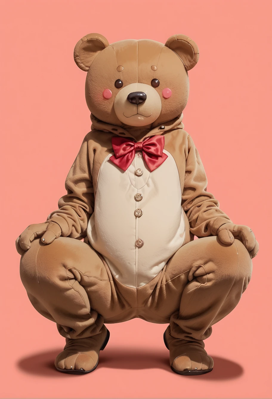 score_9,score_8_up,score_7_up,8k,hd,blush,red background,,ruanyi0606,bear costume,red bowtie,teddy bear,full body,squatting,<lora:0606 Stellar Bladeï¼Plush Bearï¼_v1_pony:0.9>