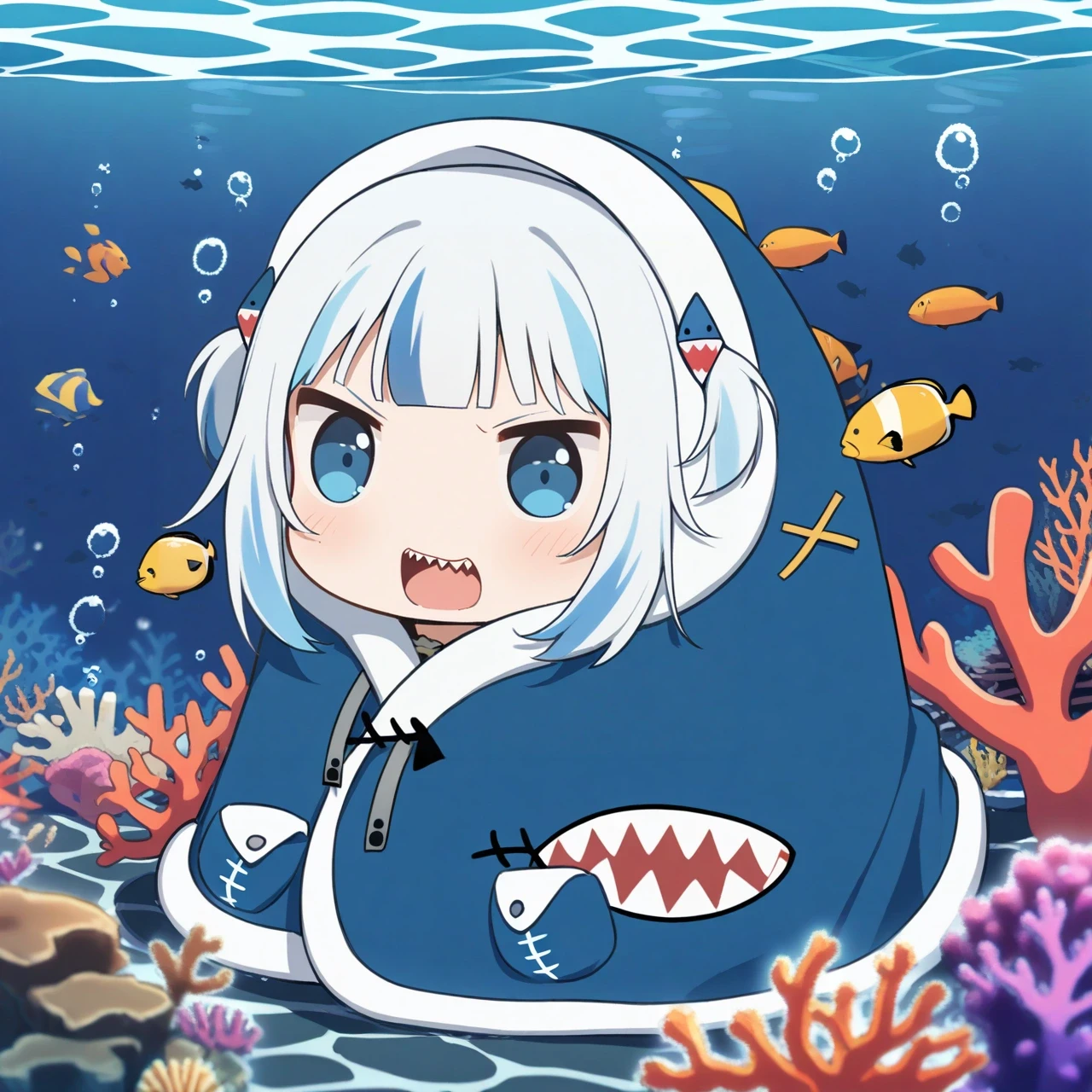 1girl, (gawr gura:1.1), v-shaped eyebrows, sharp teeth, doremi,
chibi, blanket, underwater, ocean, submerged, coral, fish
<lora:concept_comfyblanket-v1.1-rls:1>