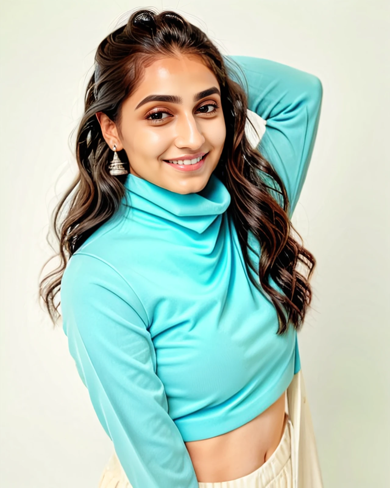 portrait photo of a vdka woman, wearing high-neck Blue clothing, solo, smiling, plain white background bokeh <lora:vdka_Vedika_Pinto_SD15_LoRA_prodigy_local_regs_HNepochs:1>
