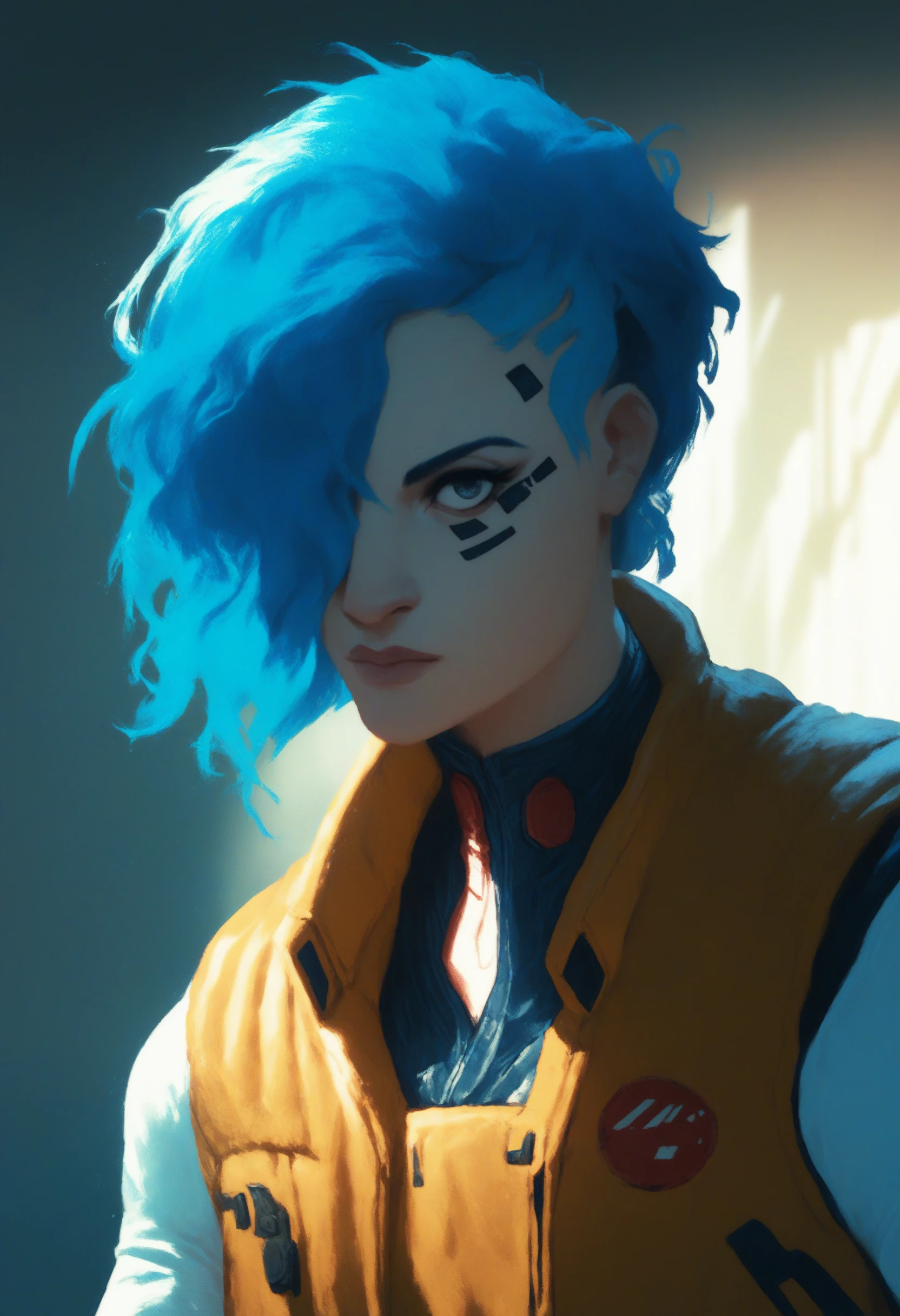 <lora:degenesis_v1:1> dgns, score_9, score_8_up, score_7_up, 1girl, solo, closeup portrait, cyberpunk facial implants, wearing vest, hair covering one eye, bob hair, blue hair,